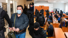 Marian Kočner ide na pojednávanie v putách a v sprievode policajtov a pohľad na súdnu sieň