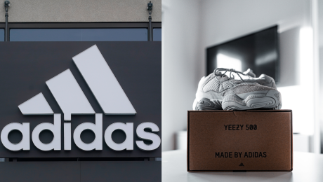Logo Adidas a tenisky Yeezy položené na krabici