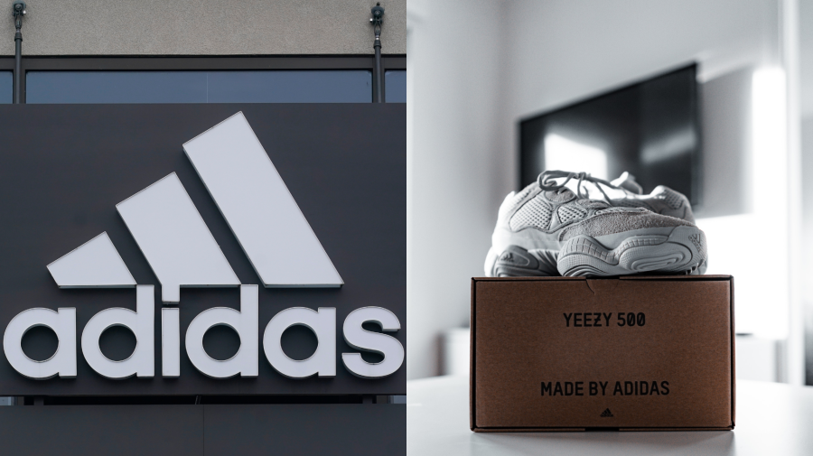 Logo Adidas a tenisky Yeezy položené na krabici