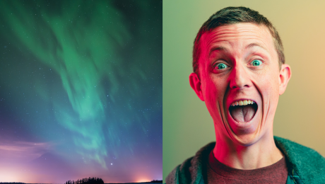 Polárna žiara na oblohe a tvár muža s nadšeným výrazom