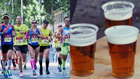 Ľudia bežiaci maratón a poháre plné piva
