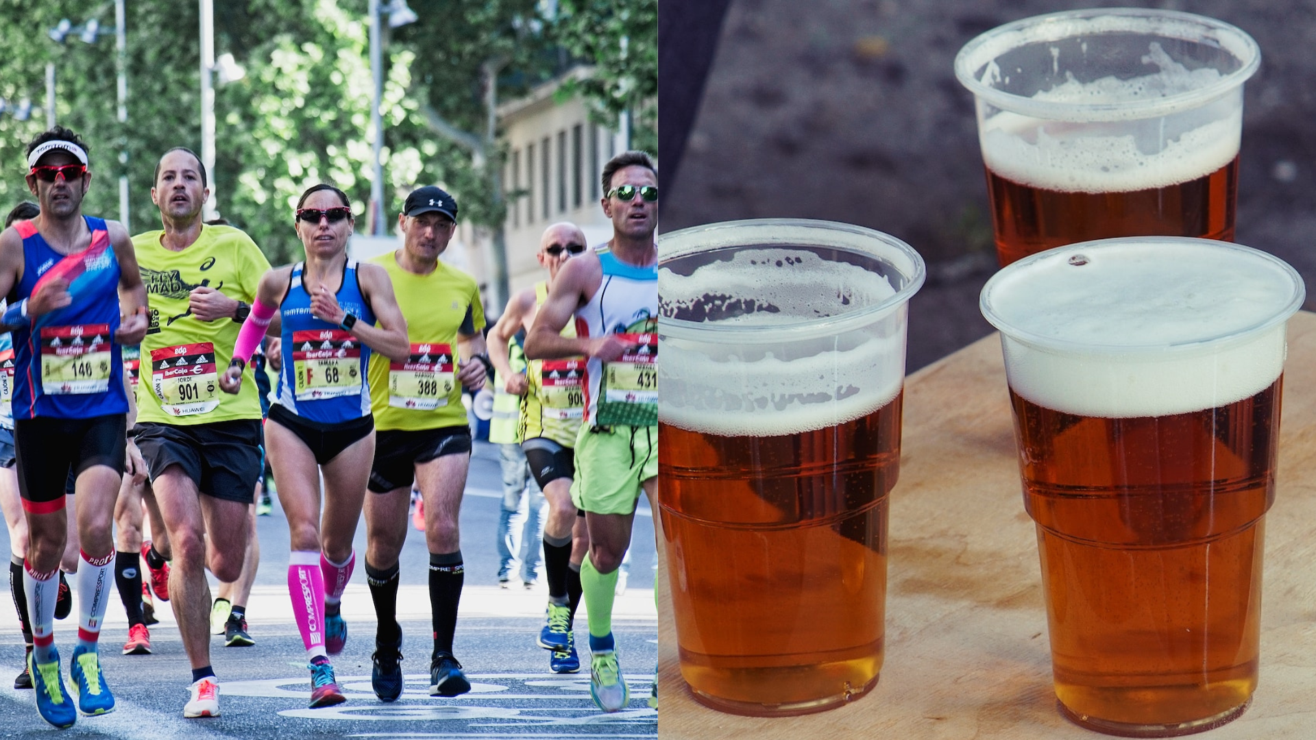 Ľudia bežiaci maratón a poháre plné piva