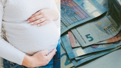 Tehotná žena sa drží za brucho a peniaze