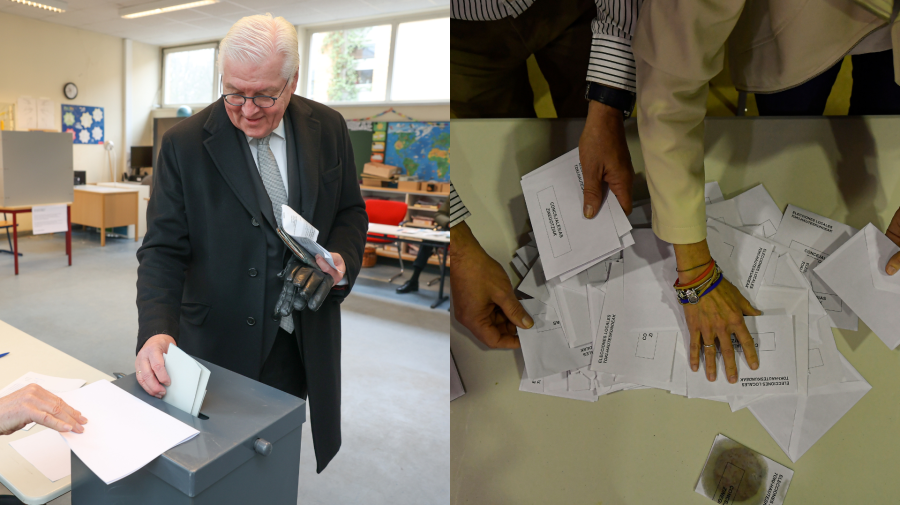 Muž vhadzuje list do volebnej urny a tri edenie volebných lístkov