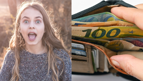 Žena s prekvapeným výrazom a peniaze v peňaženke