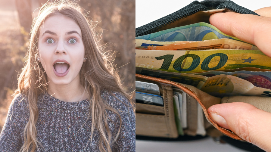 Žena s prekvapeným výrazom a peniaze v peňaženke