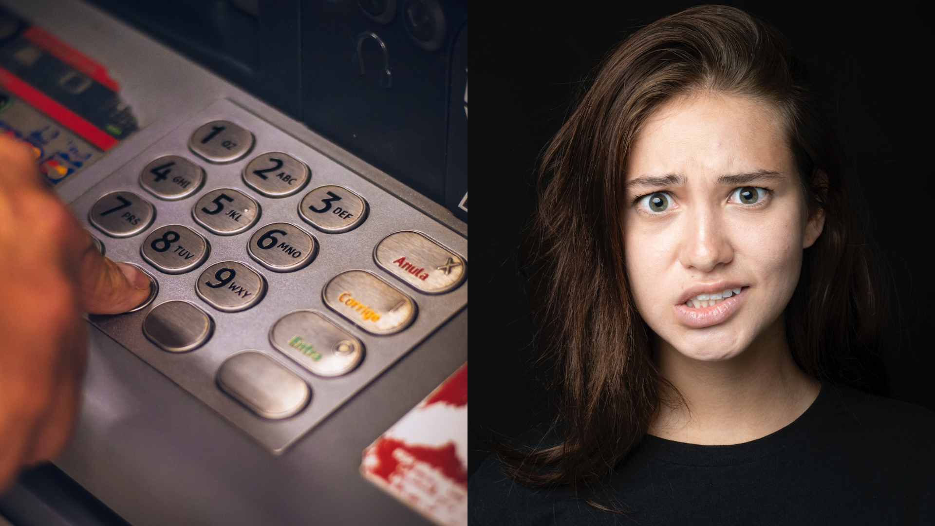 Zadávanie pin do bakomatu a žena si hryzie peru