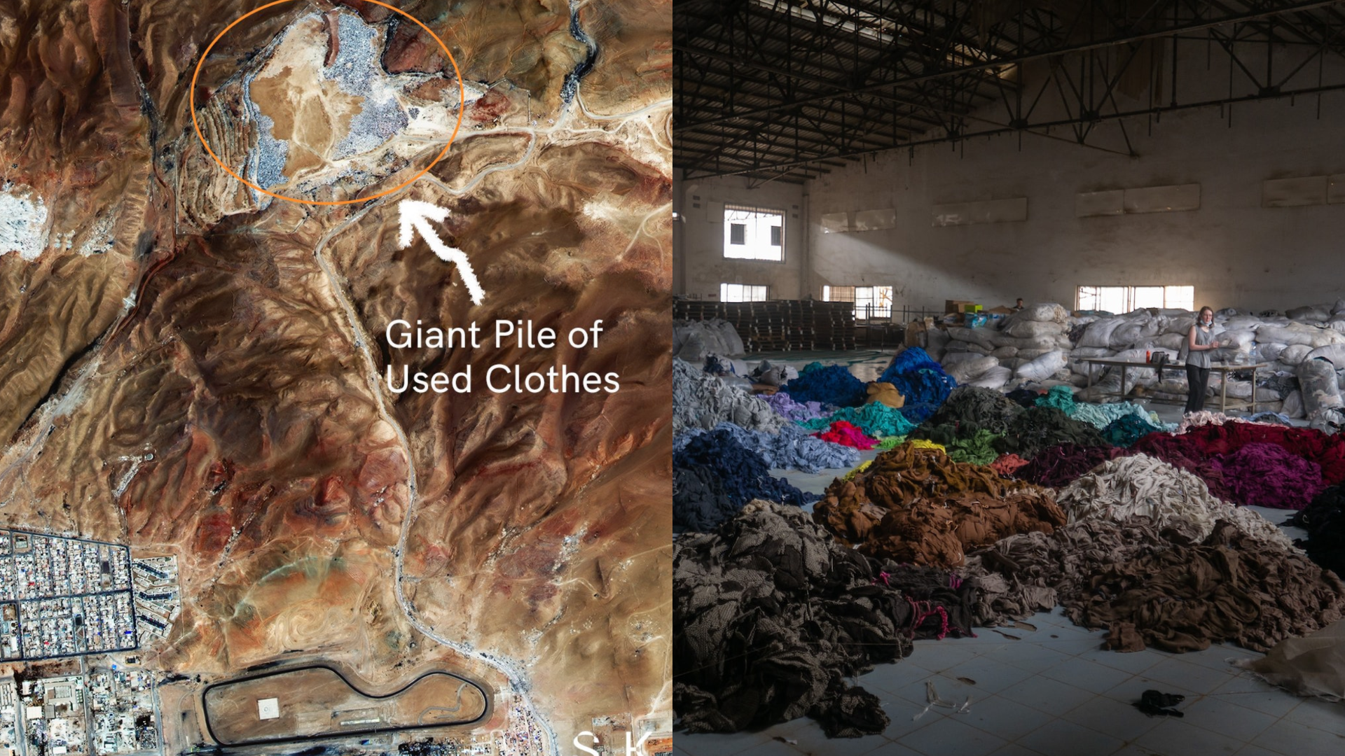 Kopa oblečenia zo satelitnej snímky a kopy oblečenia nahromadené v sklade