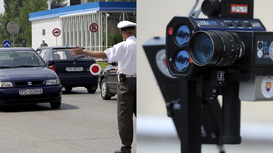 Policajt zastavuje auto a radar na meranie prekročenia povolenej rýchlosti vozidiel
