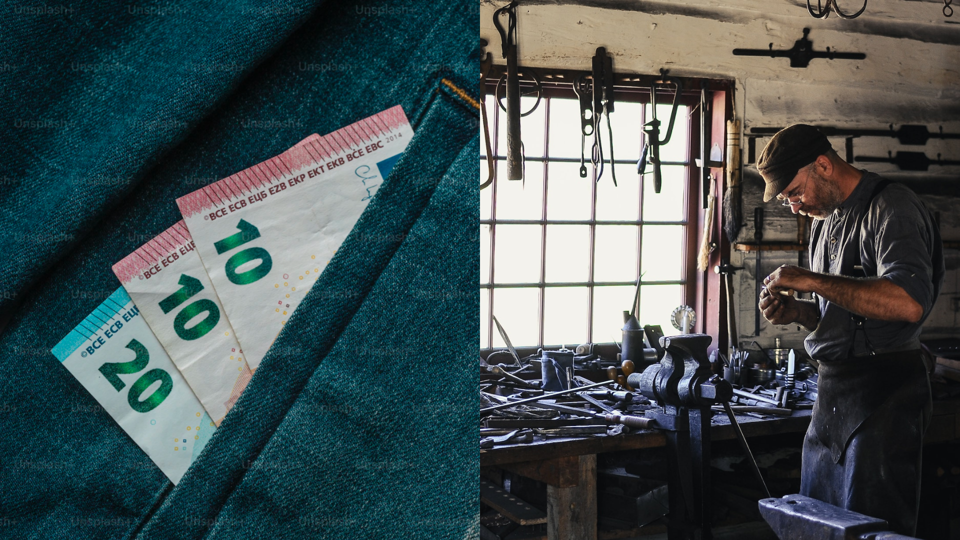 Peniaze vo vačku a pracujúci muž