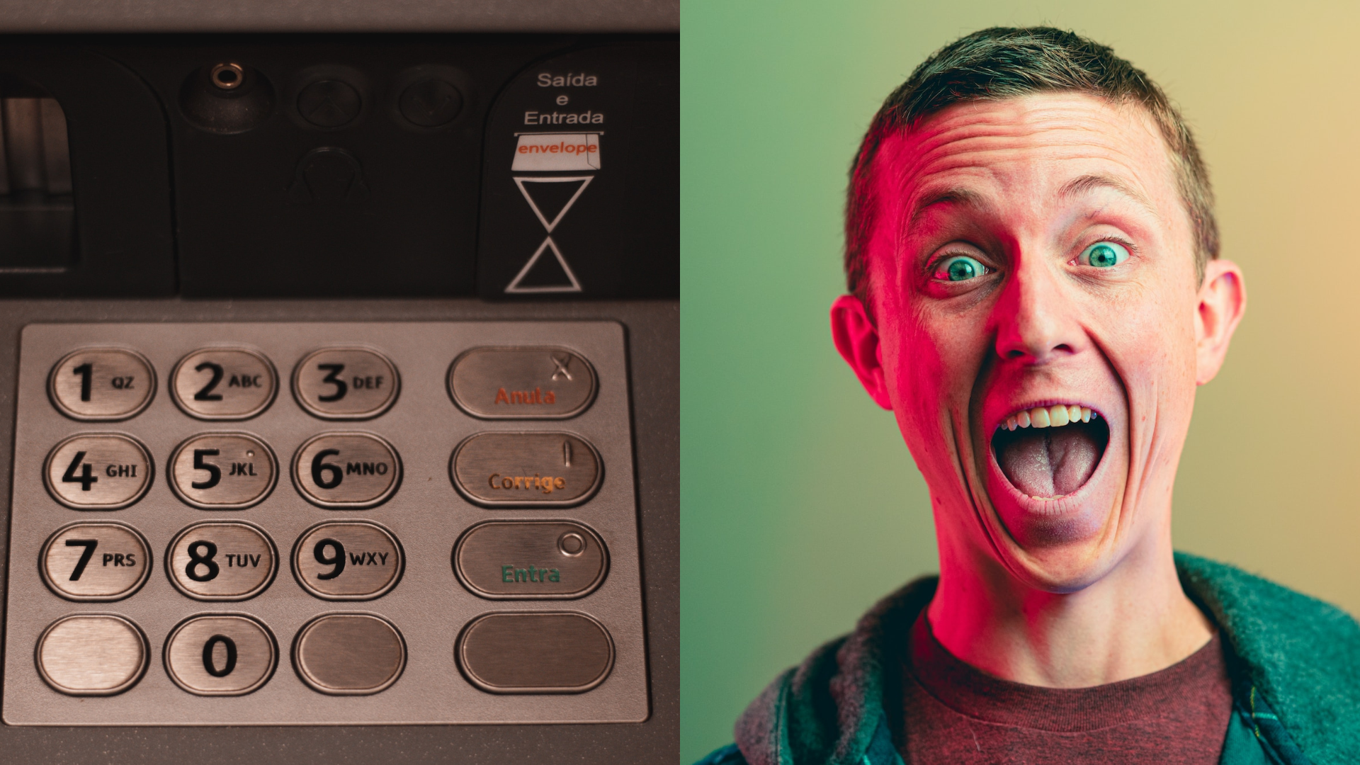 Klávesnica na bankomate a muž s prekvapeným výrazom