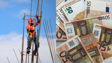 Muž v pracovnom odeve na lešení a peniaze na stole