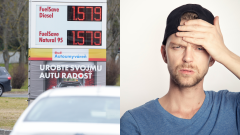 Ceny benzenu na tabuli na benzínke a muž s rukou na čele