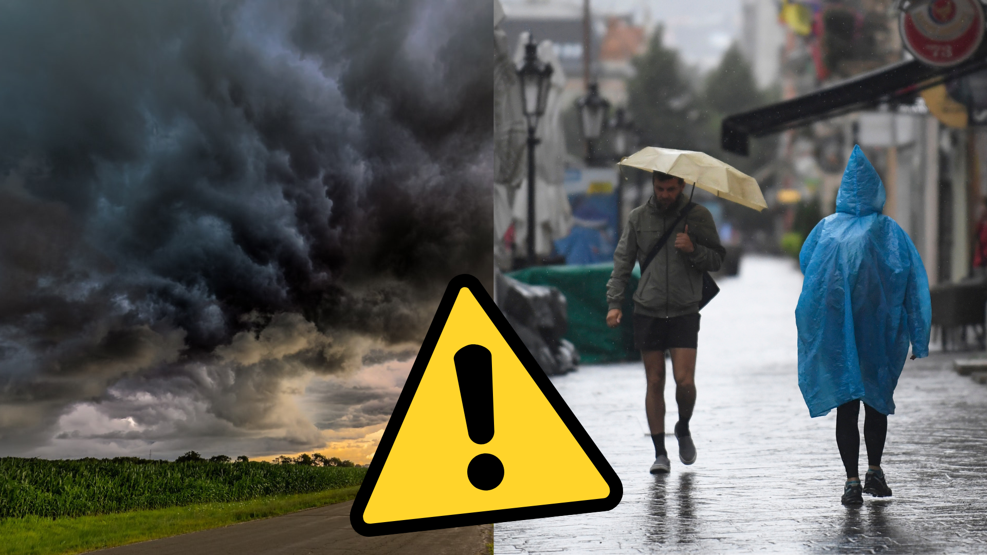 Zamračená obloha a ľudia kráčajúci v silnom daždi