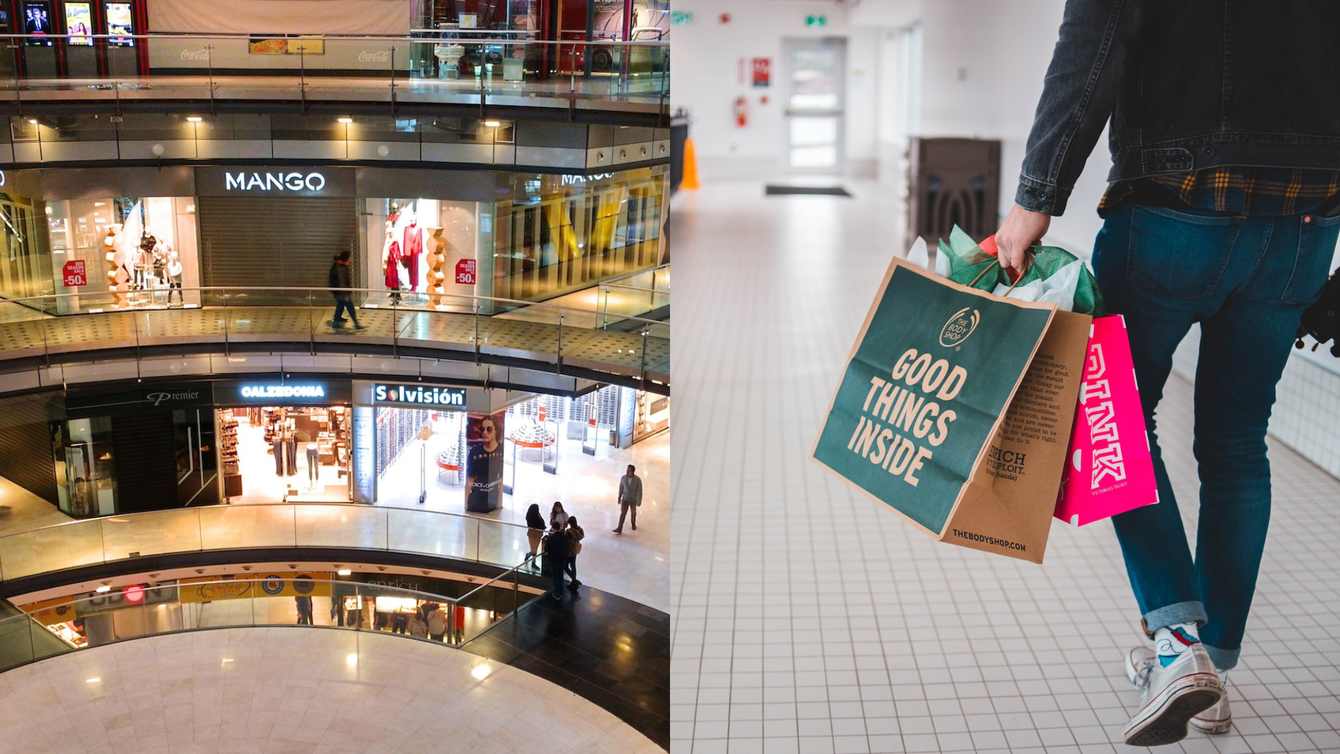 Obchodné centrum, november a muž s nákupnými taškami