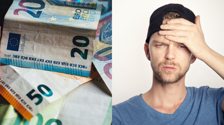 Eurové bankovky a muž s vystresovaným výrazom