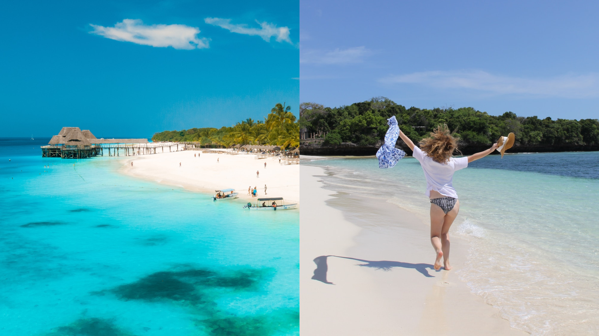 Pláž na Zanzibare a žena beží po pláži