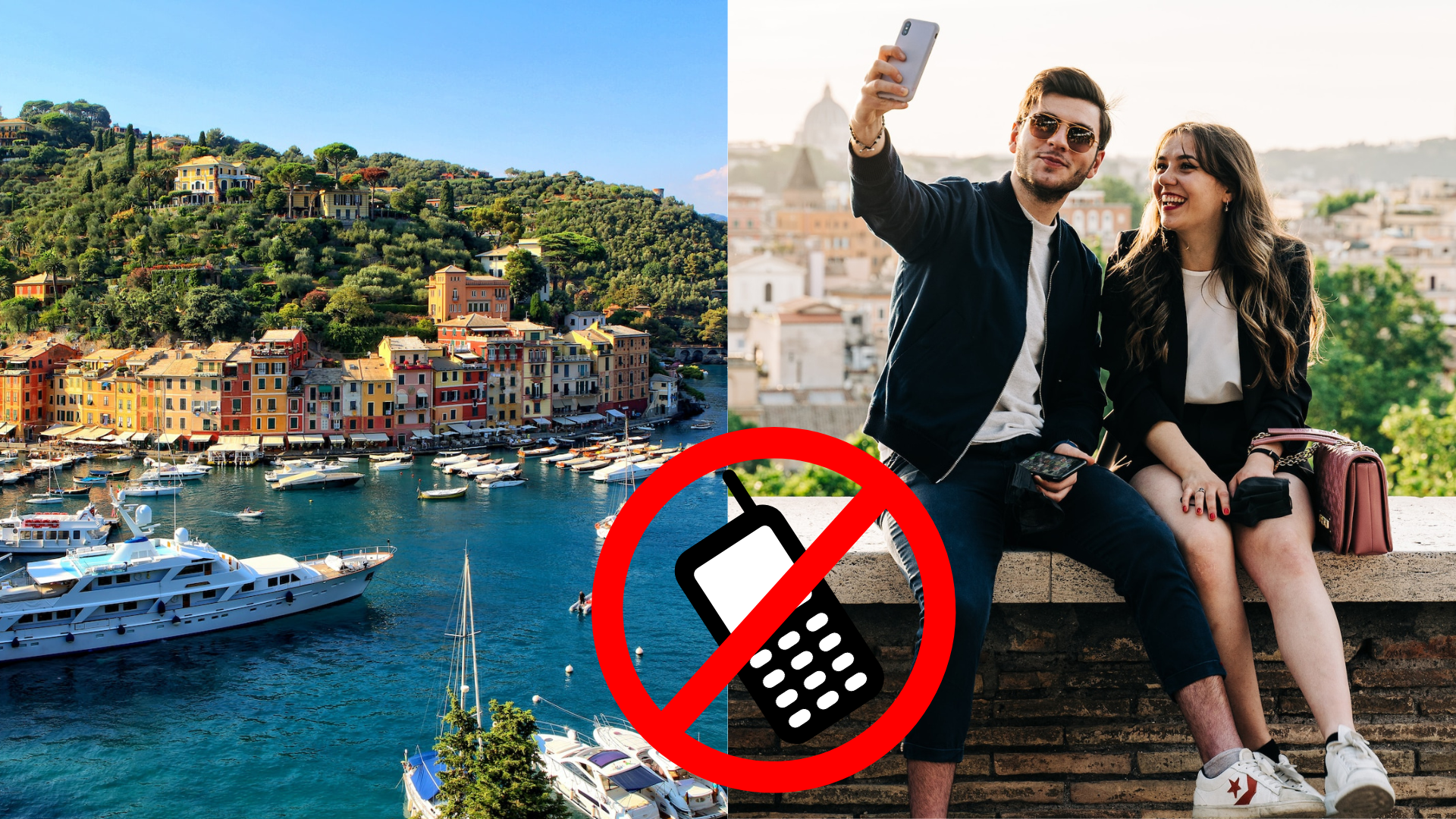 Prístav v Portofine a muž so ženou si robia selfie