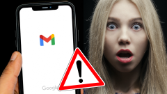 Gmail logo na mobile a žena s prekvapeným výrazom