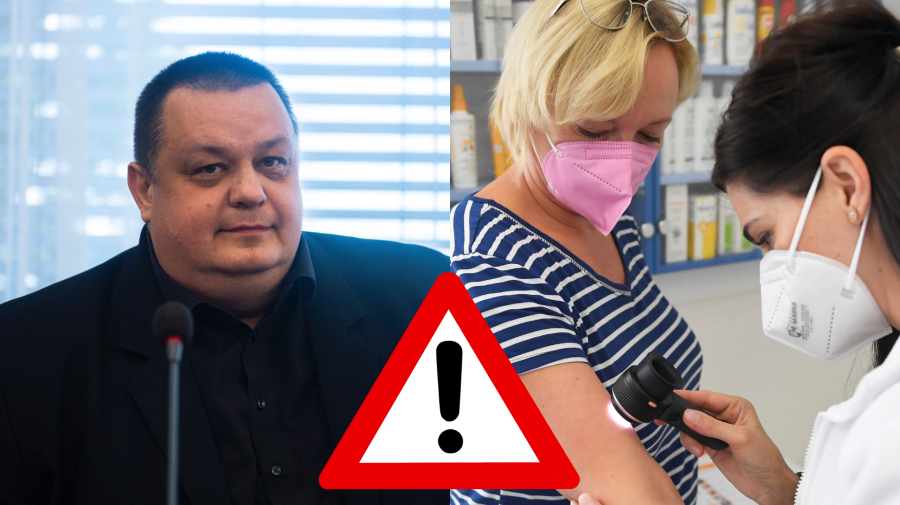 Hlavný hygienik Ján Mikas reční do mikrofónu a Lena s respirátorom na tvári u lekárky