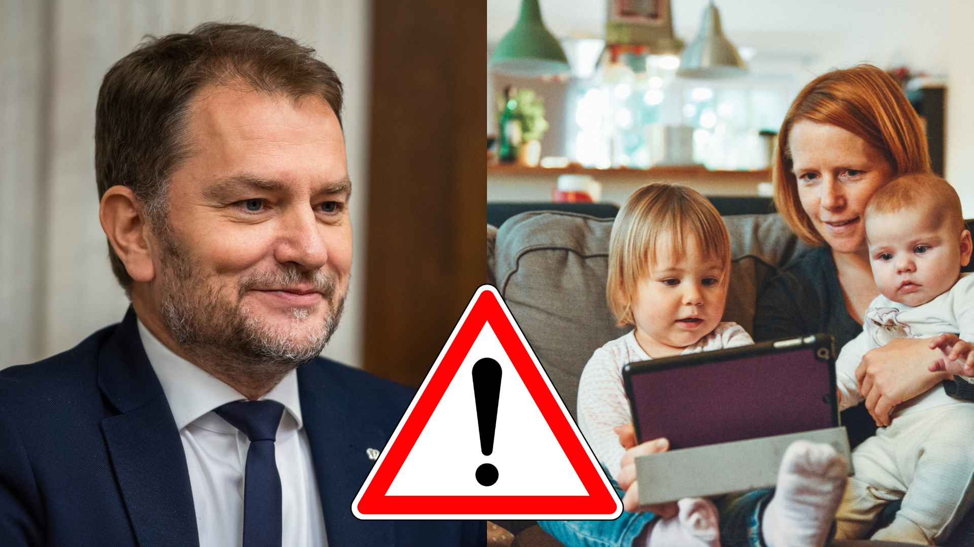 Igor Matovič s úsmevom na tvári a matka na gauči s deťmi pozerá do tabletu