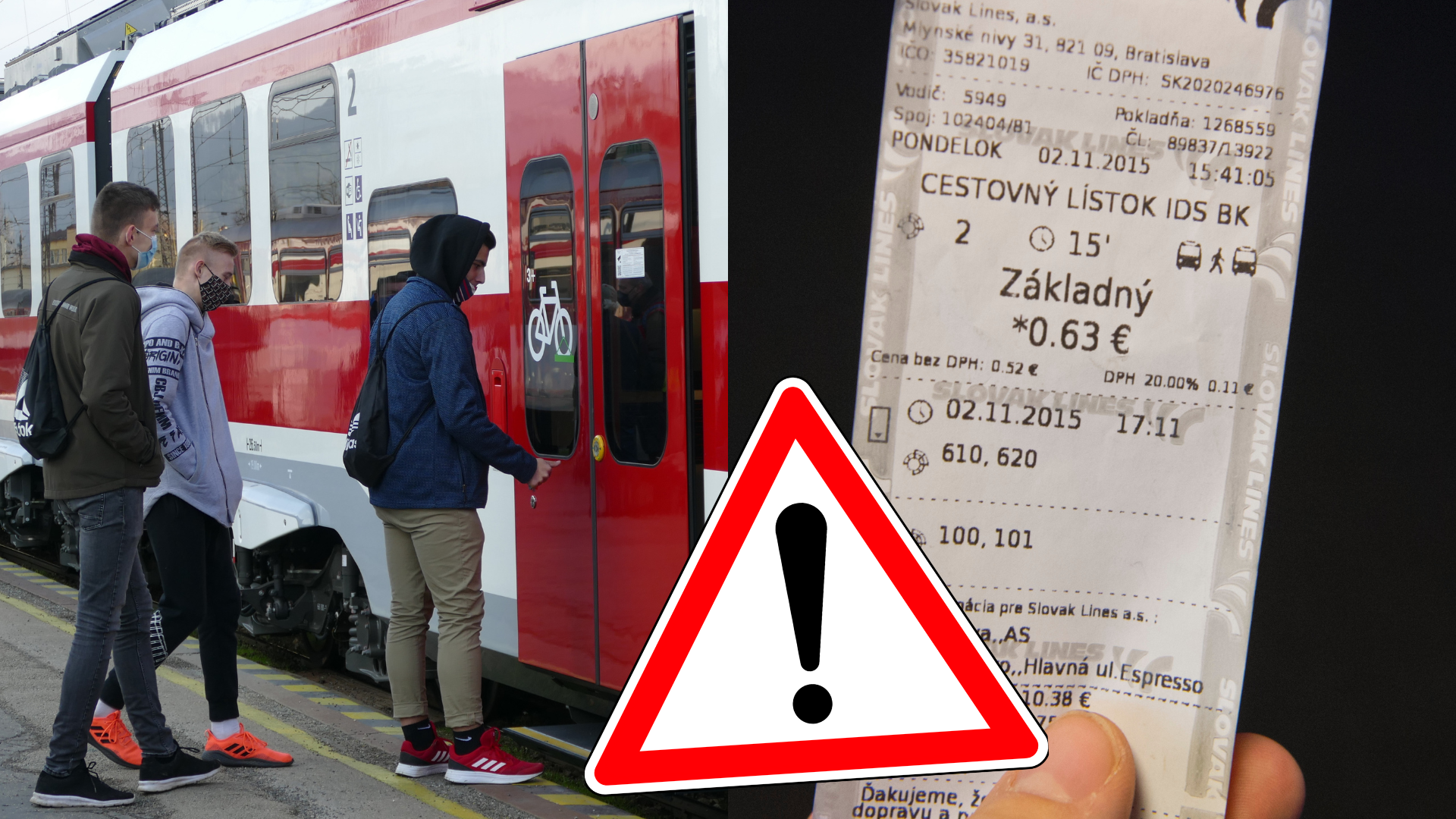 Chlapci nastupujúci do vlaku a cestovný lístok