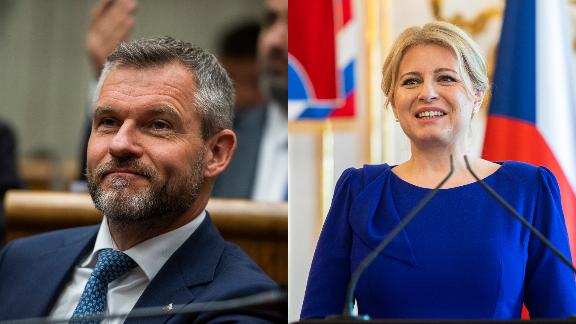 Usmievajúci sa Peter Pellegrini a prezidentka Zuzana Čaputová za mikrofónom