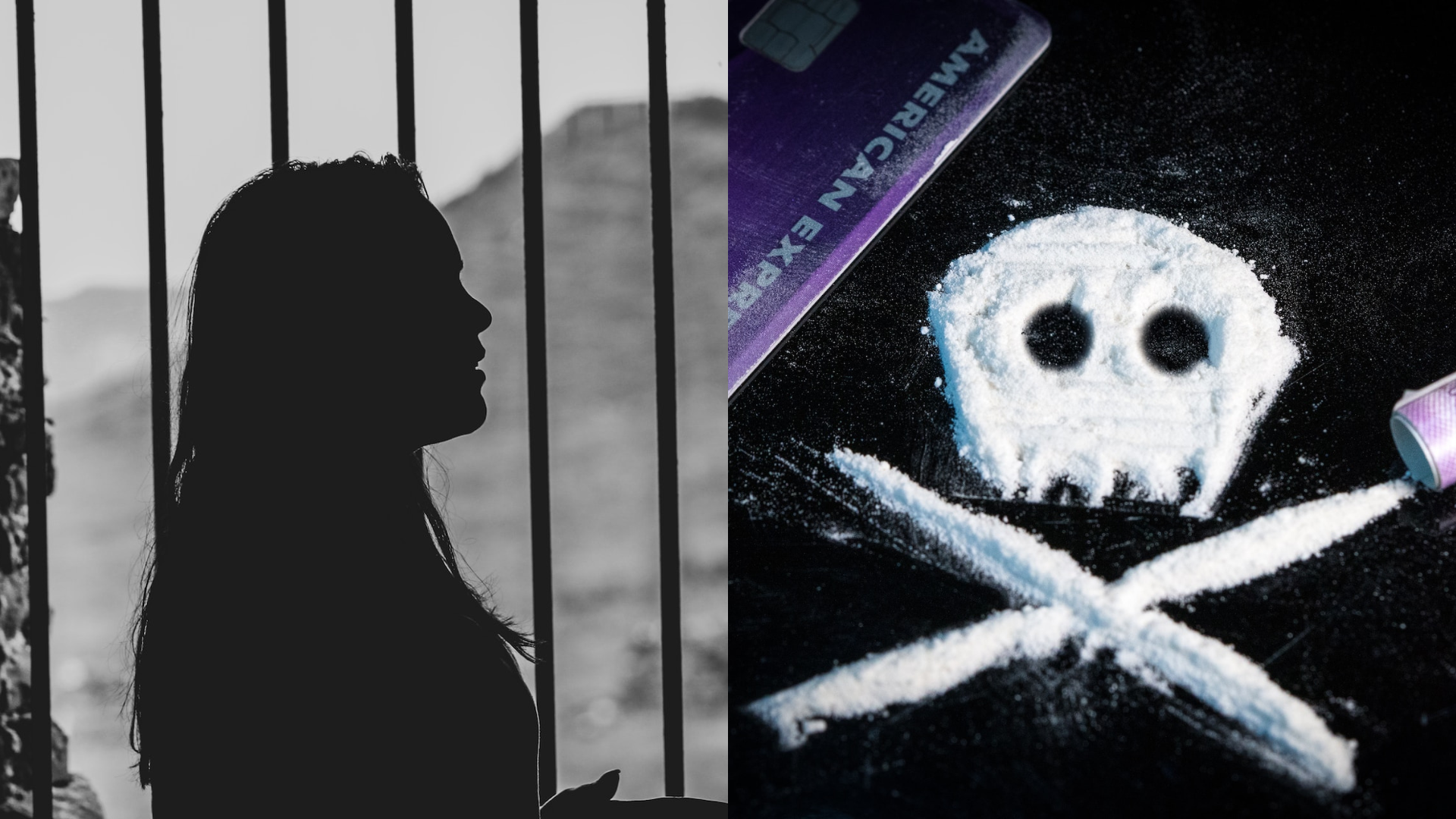 Silueta ženy za mrežami a droga v tvare smrtky