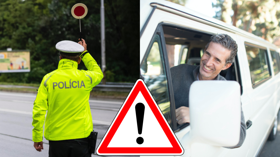 Policajt na ceste drží značku stop a vodič v aute s úsmevom na tvári