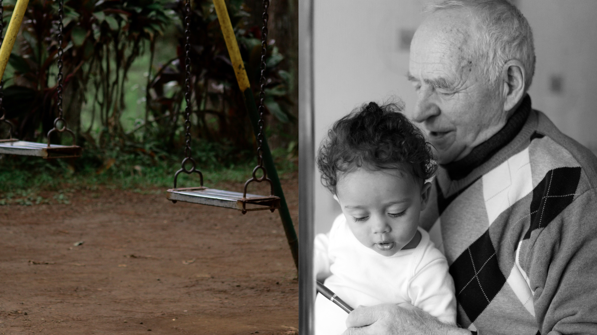 Opustené ihrisko so zhrdzavenými hojdačkami a starý pán držiaci malé dieťa