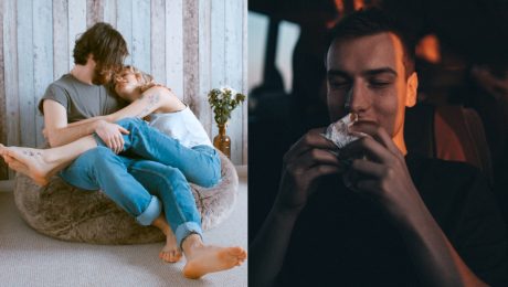 Pár v objatí, muž s jedlom v ruke