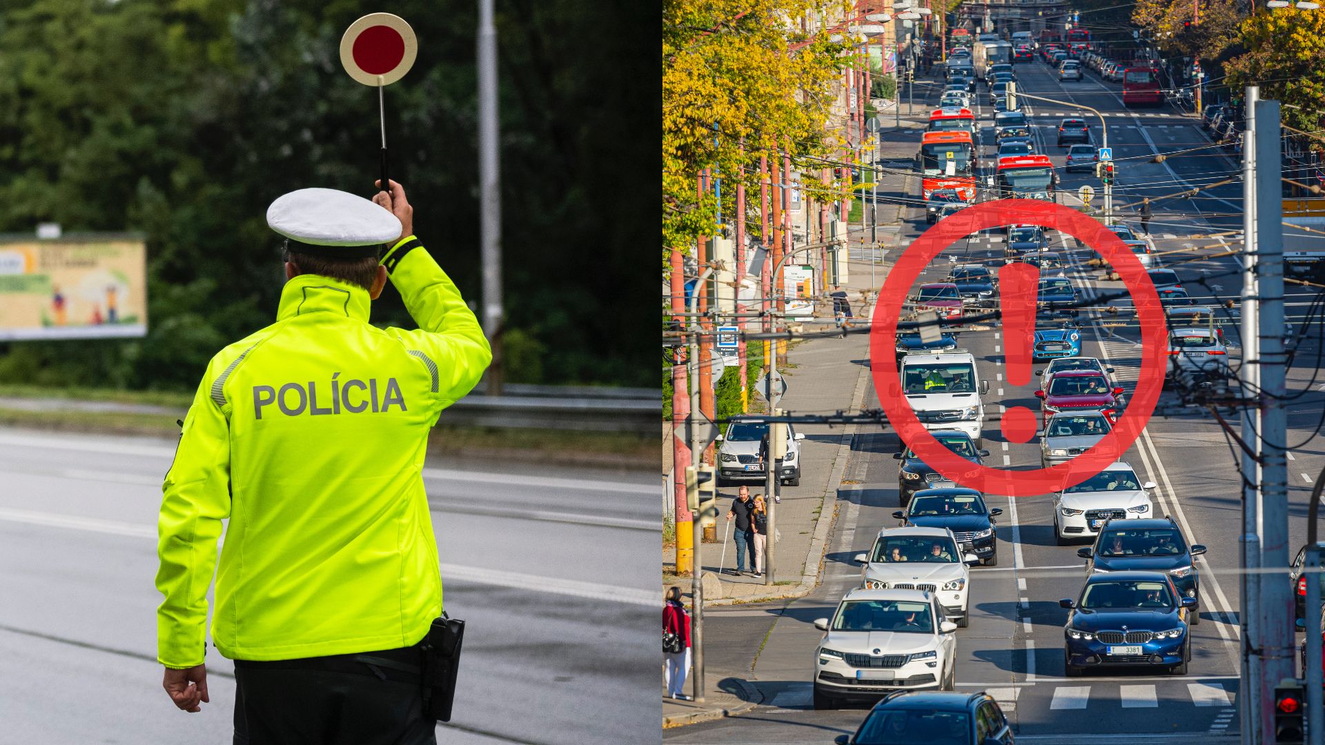 Policajt zastavuje autá, hustá premávka, hrozia pokuty