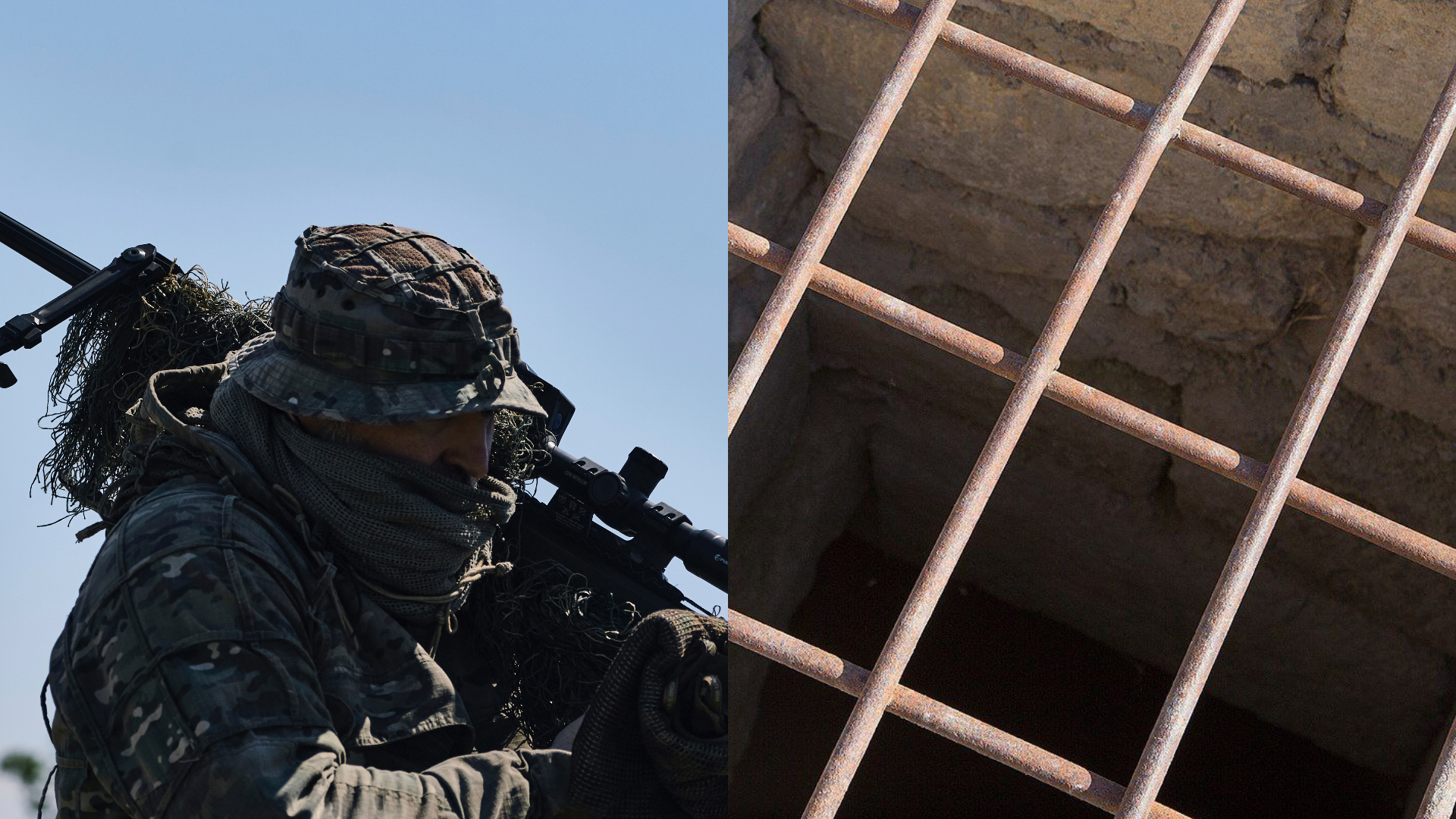 Vojak na Ukrajine drží pušku a jama zvaná zindan, ktorá slúži ako forma trestu pre Rusov.