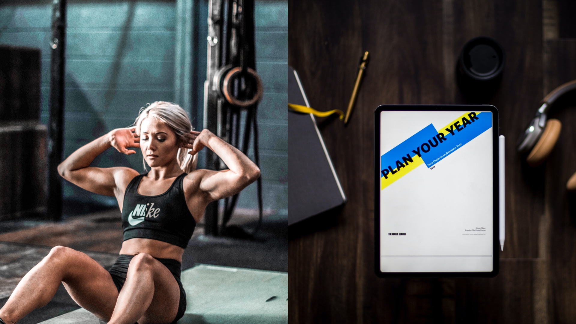 Na snímke je cvičiaca žena a ročný plán.