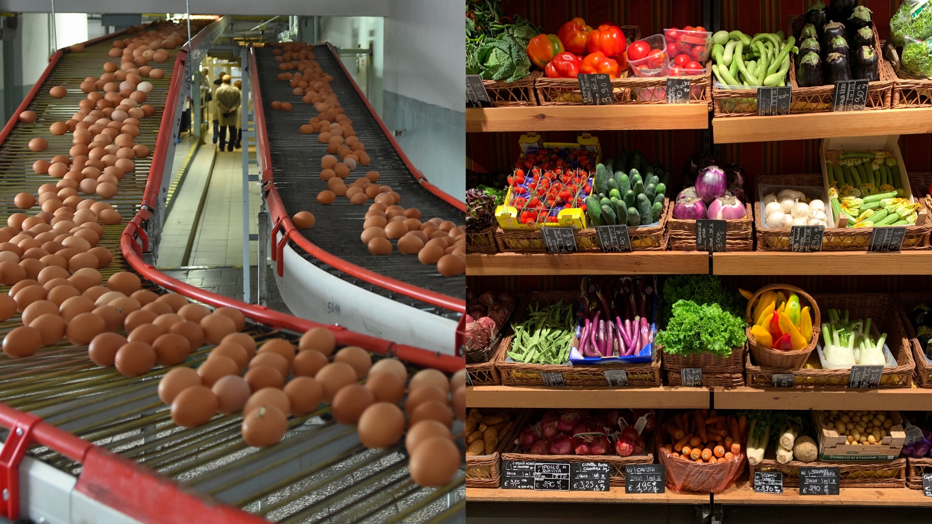 Na snímke sú vajcia a obchod so zeleninou