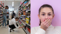 Ľudia nakupujú v potravinách a žena si rukou prekrýva ústa