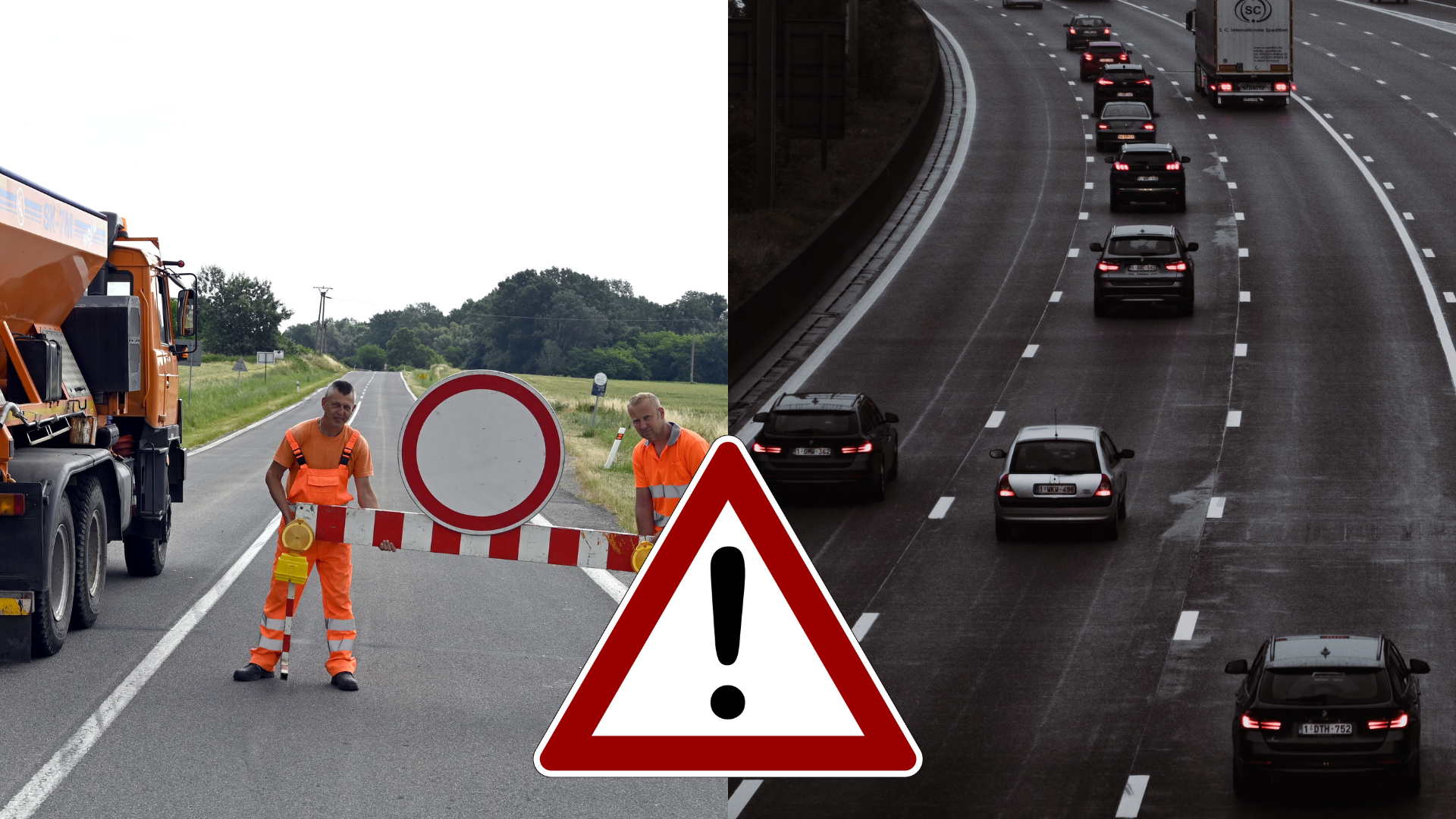 Cestári prenášajú zátarasu na ceste a autá na diaľnici