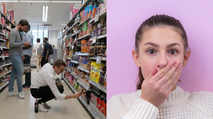 Ľudia nakupujú v potravinách a žena si rukou prekrýva ústa