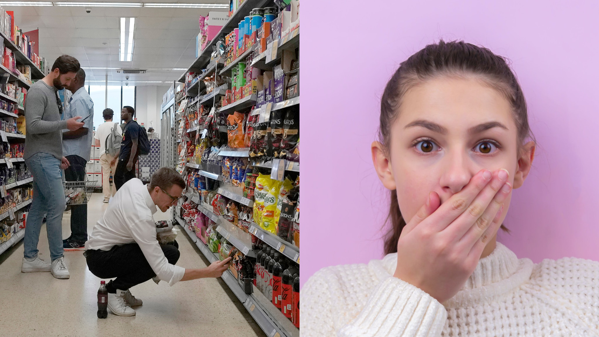 Ľudia nakupujú v potravinách a žena si rukou prekrýva ústa