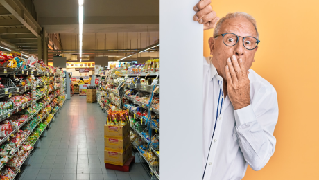 Obchod s potravinami a prekvapený muž