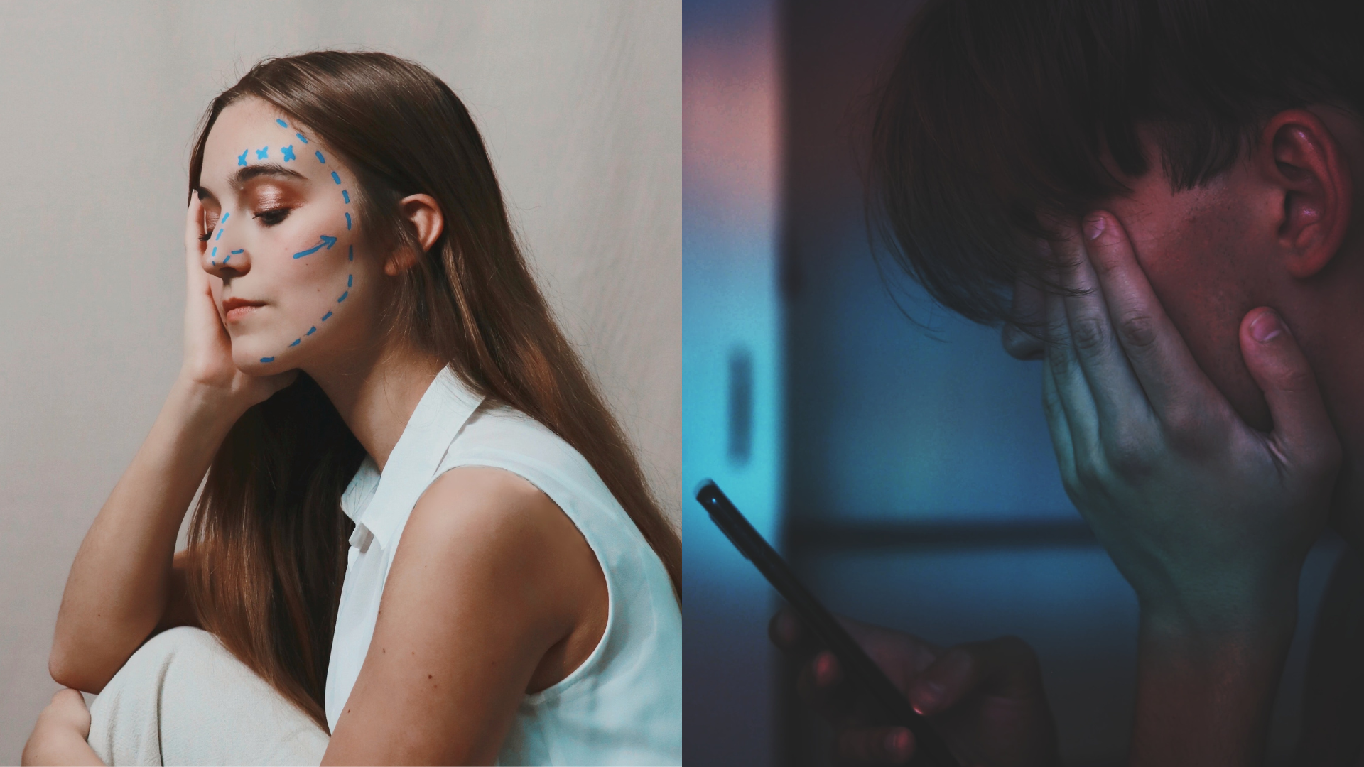 Dievča so značkami na tvári a chlapec pozerajúci do mobilu