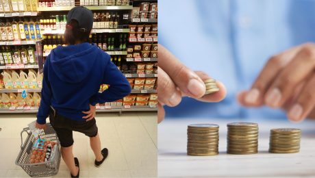 Človek nakupujúci v potravinách stojí pred regálom a počítanie drobných