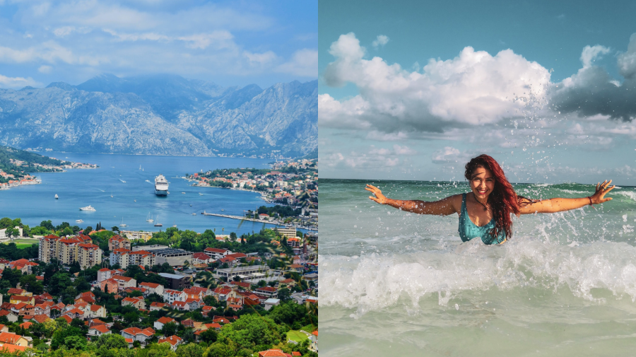 Mesto Kotor a žena v mori