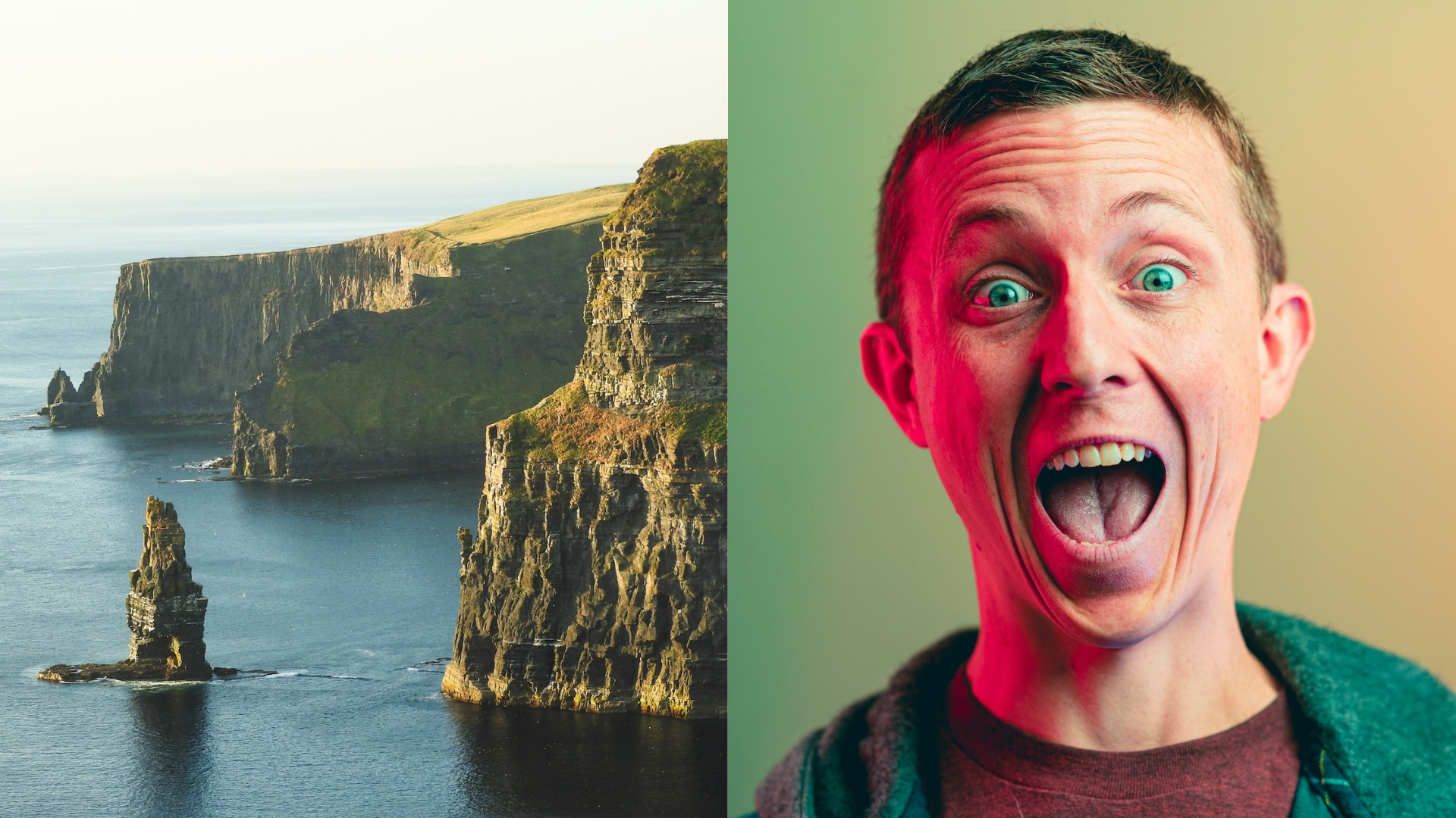 Pohľad na ostrov a muž s otvorenými ústami