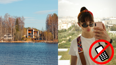 Pohľad na domy na ostrove a žena si robí selfie