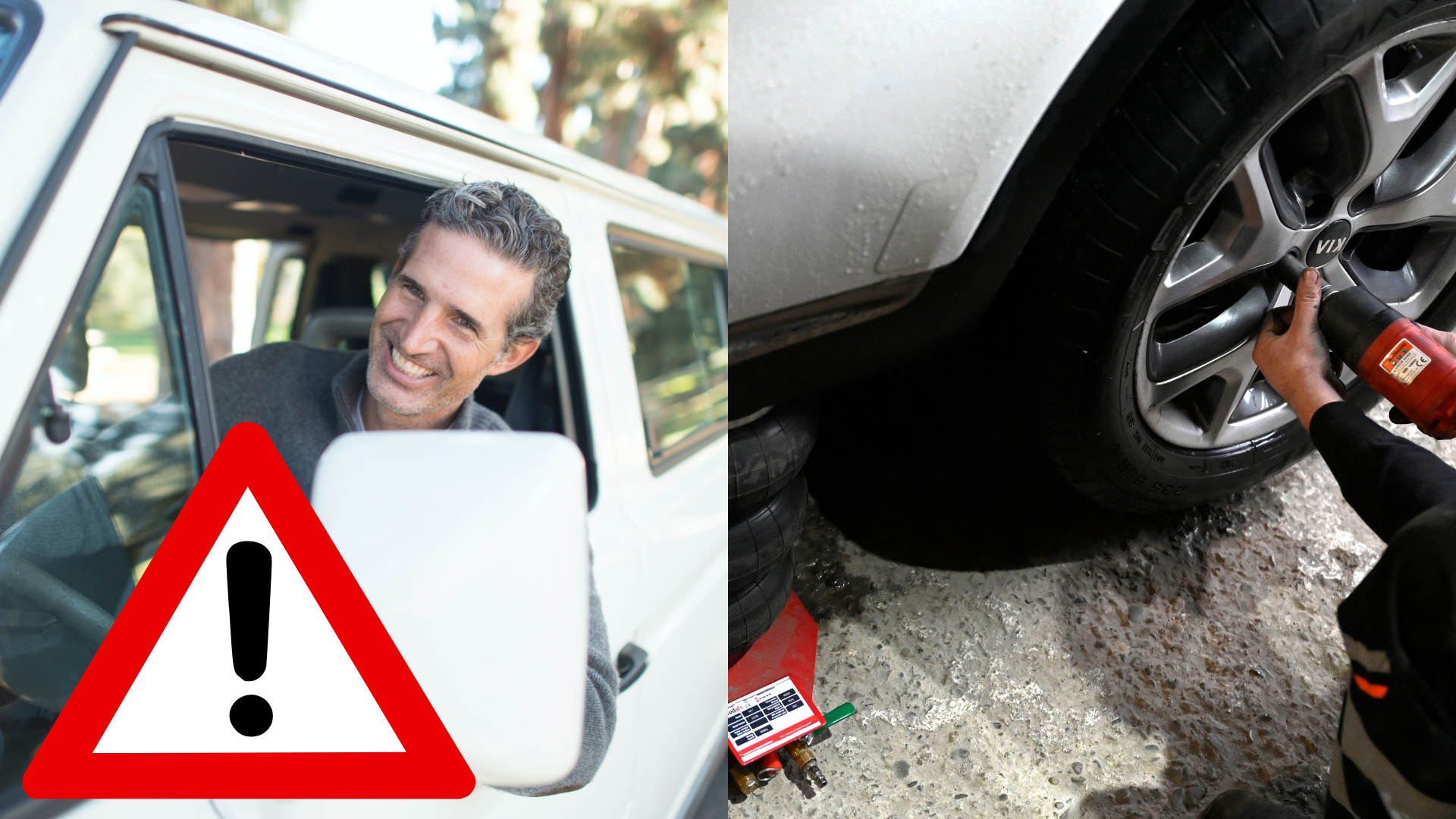 Vysmiaty vodič auta a výmena pneumatík na aute