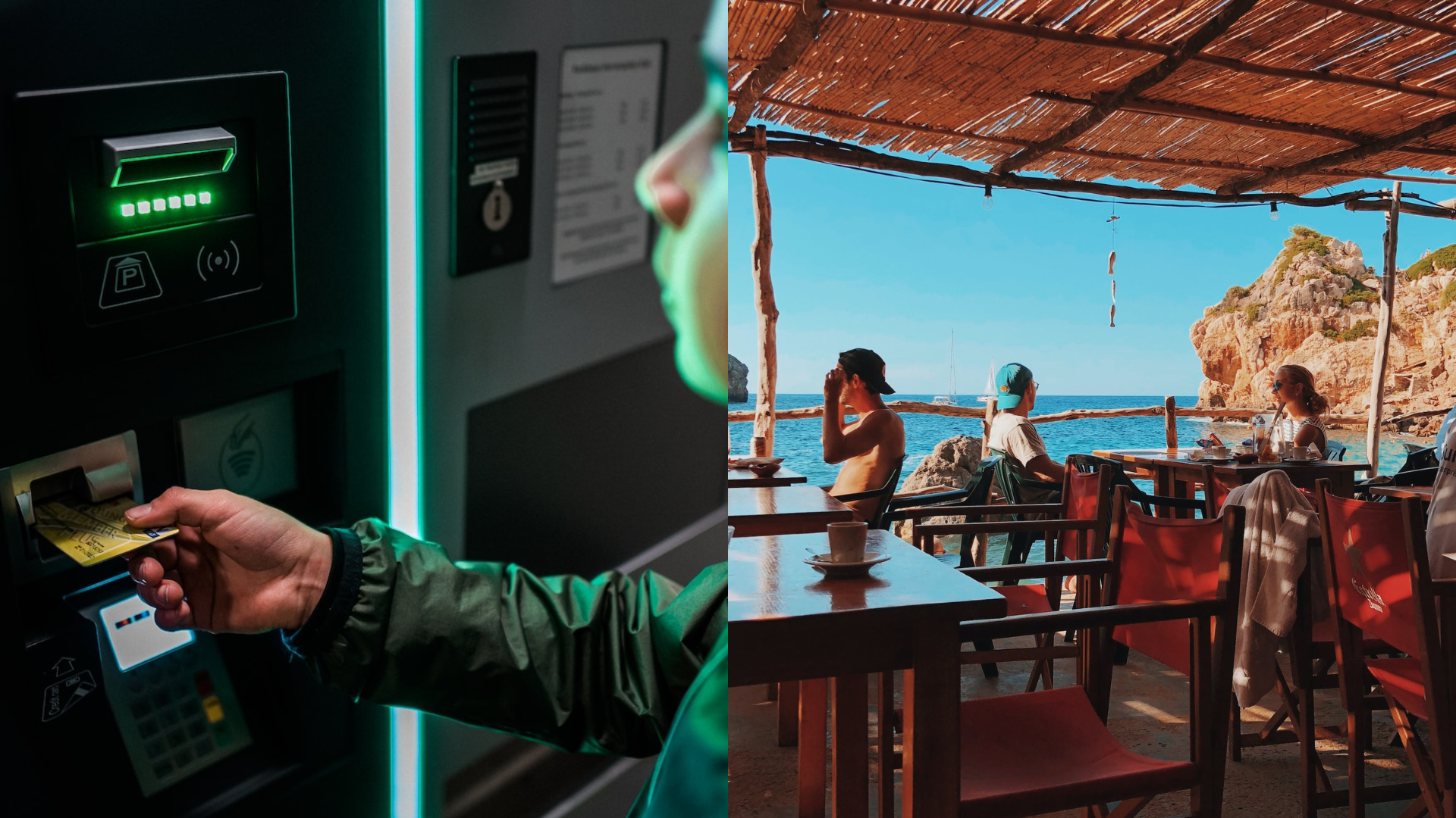 Muž dáva kartu do bankomatu a ľudia za stołom v reštaurácii