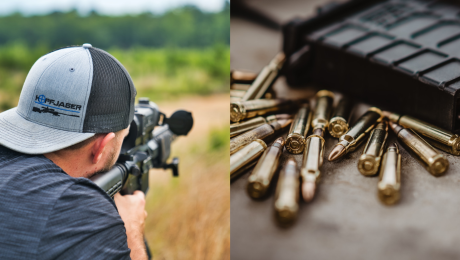 Muž mieri na cieľ so zbraňou a náboje