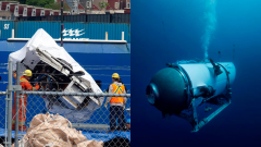 Robotníci vyťahujú trosky miniponorky a miniponorka Titan v mori