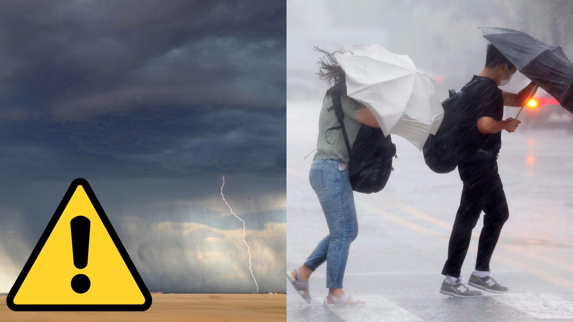 Zamračená obloha, blesk a ľudia kráčajú v daždi s dáždnikmi